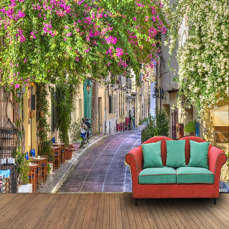 

Drop Shipping Custom Mural Wallpaper European Style Town Architectural Landscape Large Wall Painting Wallpaper Flower Vine