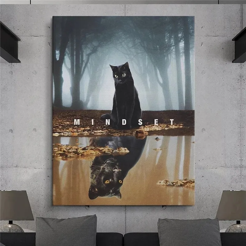 

Modern Art Painting Animal Black Cat Its Reflection Canvas Painting Posters And Prints Home Living Room Wall Decoration Painting