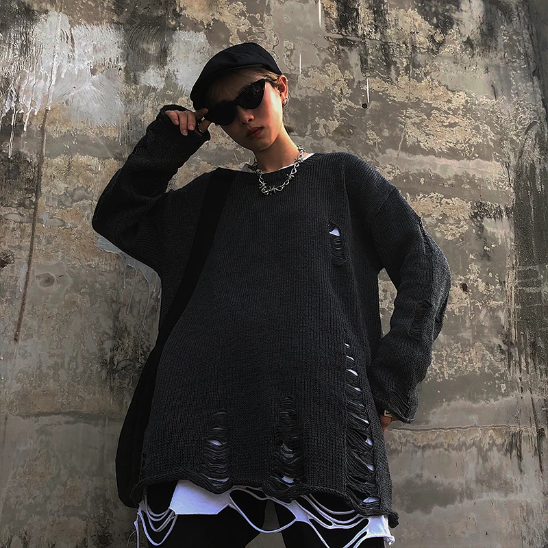 Рваные хип хоп панк вязаный мужской свитер женский черный серый harajuku винтажные свитера объемный пуловер Джерси