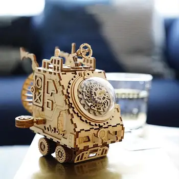 

DIY Creative Wooden Music Box Mechanical Star Space Exploration Spacecraft Crafts Music Puzzle Model Gift For Children HOT