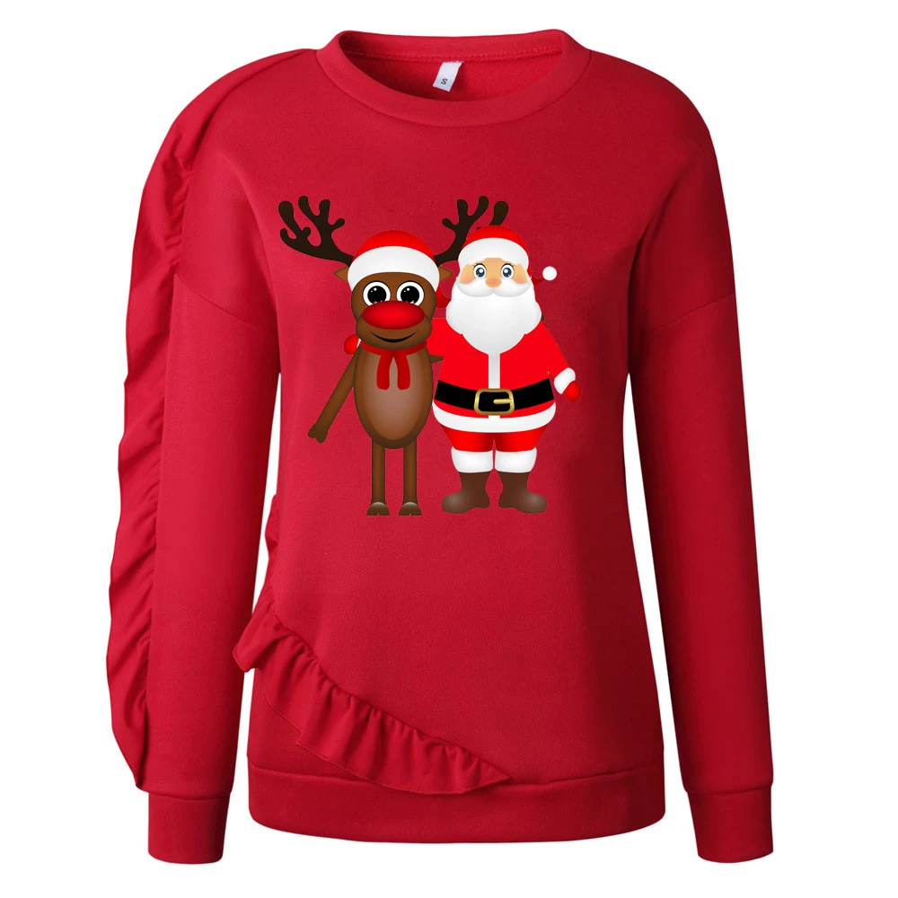 JAYCOSIA New Hot Fashion Blouses Women Ruffles Long Sleeve Loose Xmas Christmas Deer Print Pullover Blouse Top Clothing 1030
