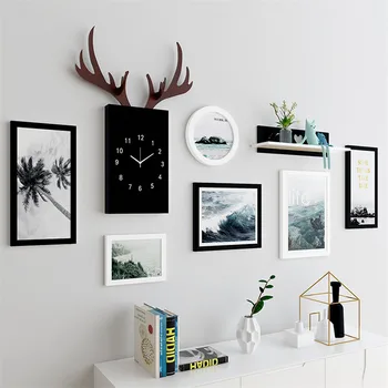 

Nordic Style Photo Frame Set Room Wall Decoration 6pcs Picture Frames+Elk Clock+Shelf Combination Frames Set Ramka Na Zdjecie