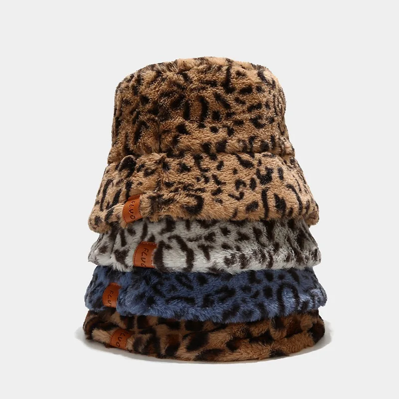

High Quality Winter Imitation Mink Fur Thickened Bucket Hat Warm Basin Hat Women Retro Leopard Hat Outdoor Windproof Panama hat