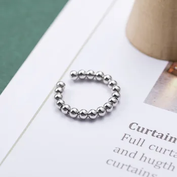 

SUNIANGON Small Beads Strand Open Ring Real 925 Sterling Silver Women Ring Adjustable White Gold Polished Korean Women 925