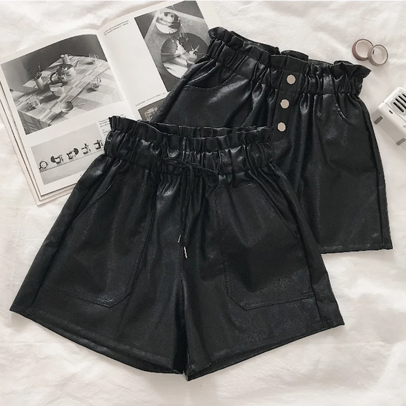 cortos de cuero de pierna ancha para mujer, de alta brillante, botas lisas informales, a la moda, color negro, Invierno|Pantalones cortos| - AliExpress