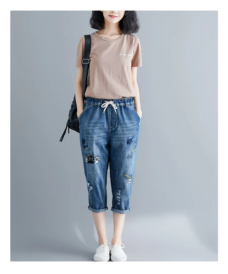 Летние новые эластичные талии дикого искусства карман вышивка порванные джинсы Harlan укороченные брюки женские большие размеры