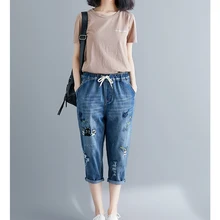 Летние новые эластичные талии дикого искусства карман вышивка порванные джинсы Harlan укороченные брюки женские большие размеры