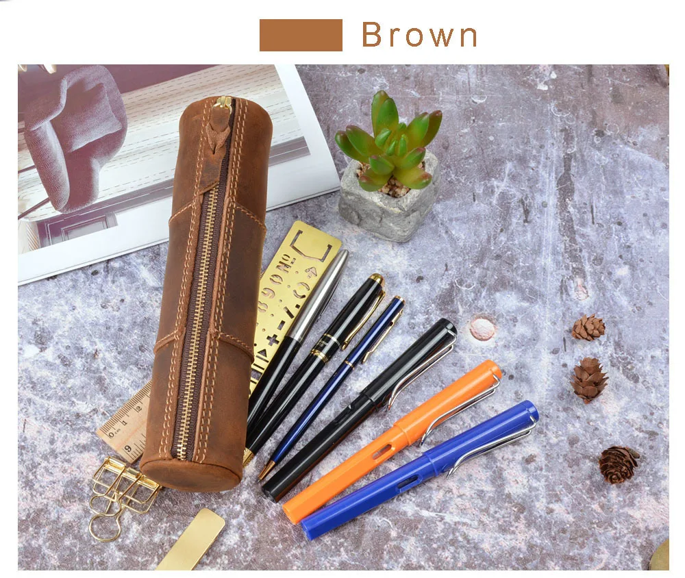 Чехол-карандаш из натуральной кожи на молнии, ручная работа, креативная ручка для швов, сумка для хранения, винтажный кавайный школьный стационарный товар
