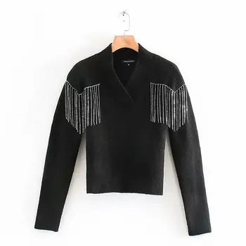 

womens Elegant rhinestone sweaters 2020 fashion ladies black pullovers female vintage knitted clothes girls chic cotton knitwear