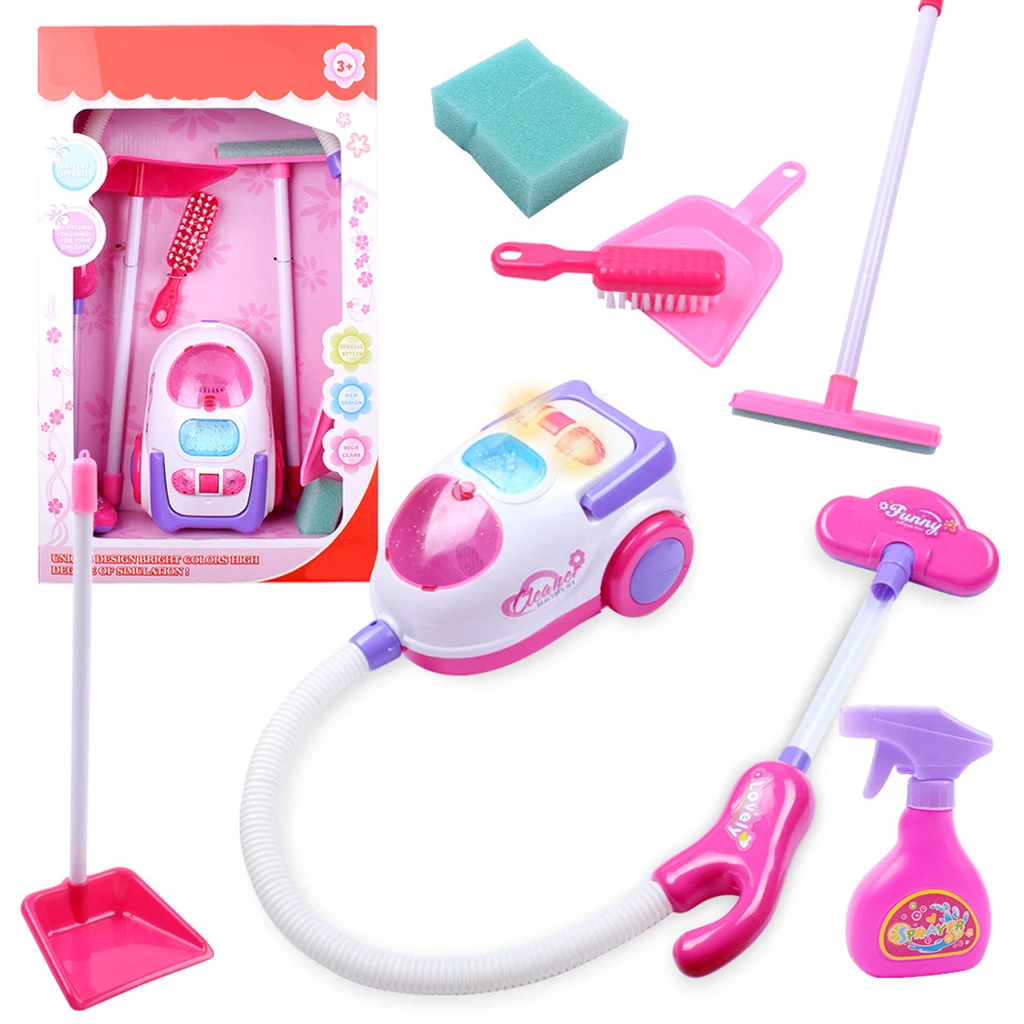 Kids Simulation Cleaning Set 7 Pieces -  Includes Broom Brush, Dust Pan, Vacuum Cleaner - Children Pretend Role Play Set Toys