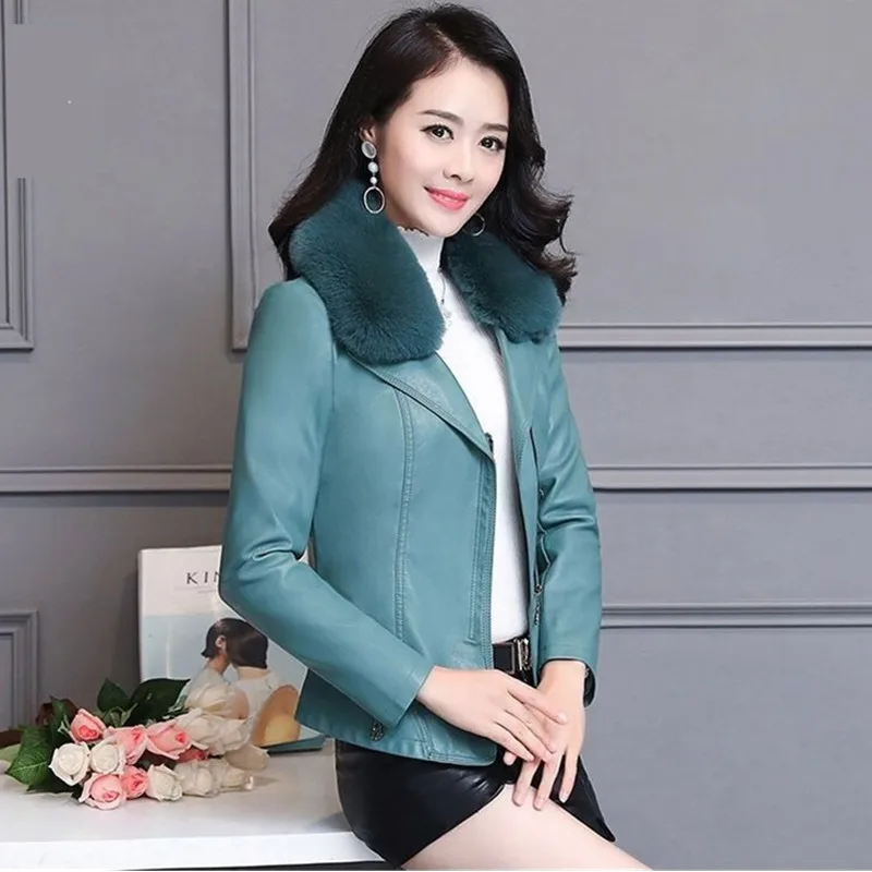 UHYTGF 5XL кожаная куртка для женщин Модный меховой воротник Осень Зима кожаная куртка для женщин Роскошная потертая кожа короткое пальто 512