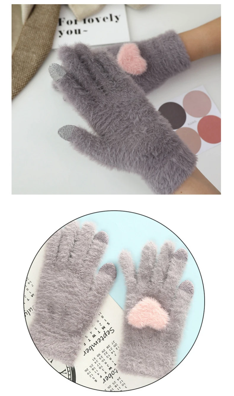 Зимние милые женские вязаные перчатки мягкие с сенсорным экраном из кроличьей шерсти теплые розовые рукавицы женские перчатки