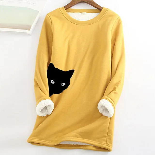 2020 Winter Women Thick Fleece Sweatshirt Velvet Warm Cat Print O-neck Underwear Blouse Tops S-5XL толстовка женская 5