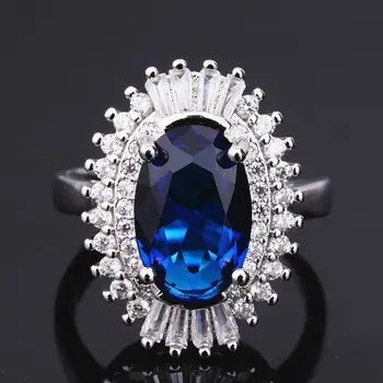 

Luxury big blue crystal sapphire gemstones diamonds rings for women white gold silver color jewelry bijoux precious bague gifts
