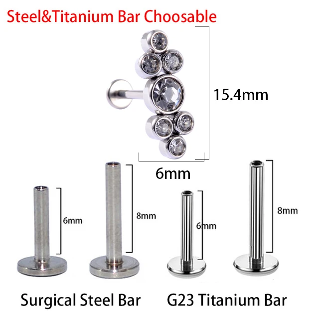 1PC G23 Titanium&Steel 16G CZ Gem Moon Labret Lip Bar Ring Crystal Flower Ear Cartilage Tragus Helix Piercing Screw Fit Top 16g Style F