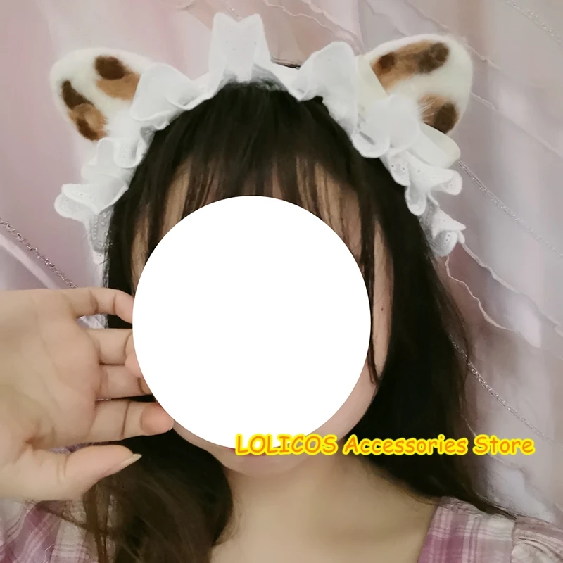

Anime Cute Tabby Cat Ear Headband Cosplay Handmade Lolita Three Flower Cat Ear Hair Hoop Kawaii Lace Ruffles Headdress Headwear