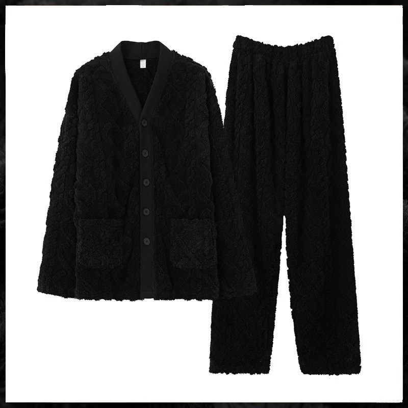 mens pjs Winter New Men's Loose 2PCS Pajamas Suit Black Coral Velvet Cardigan&Pant Sleepwear Casual Thicken Plush Homewear Warm Nightwear silk pajama set