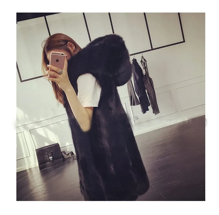 Manteau femme hiver, размера плюс, 6XL, меховой капюшон, жилет для женщин, искусственный Лисий мех, жилет для девушек, без рукавов, мех кролика, пальто, зимняя куртка