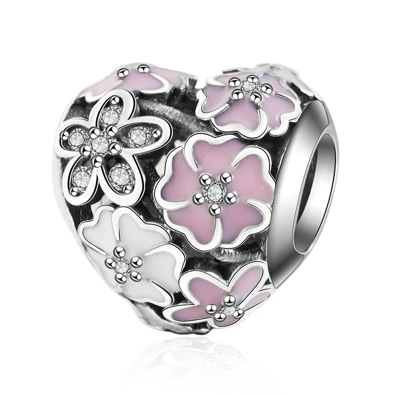 

StrollGirl 925 Sterling Silver Hollow pink Enamel CZ Flower bead heart Charms fit Pandora Bracelet for Women DIY Jewelry Gifts