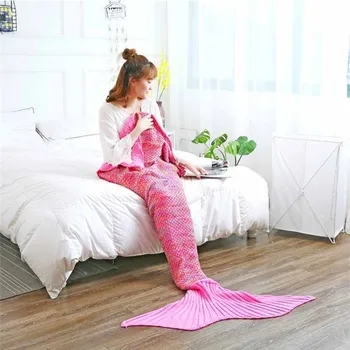 

Knitted Mermaid Blanket Pink Acrylic Yarn Dyed Knitting Blanket Wearable Fish Tail Thread Plaid Throw Blanket For Kids Adults