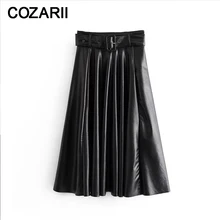 Элегантные черные юбки из искусственной кожи женские плиссированные юбки уличная корейская мода пояс Высокая талия длинная юбка зима