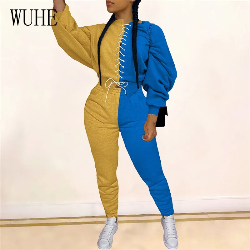 

WUHE Casual Autumn Women Color Block Spliced Stacked Criss-Cross Drawstring Long Sleeve Crop Top+ Jogger Pants Two Piece Set