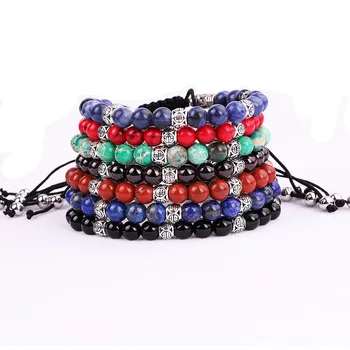 Fashion Unique Design Men Women Vintage Jewelry Bracelet Natural Stone Beads Tibetan Silver Charm Beaded Adjustable Bracelet