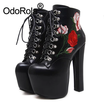 

Warm Fur Women Motorcycle Boots Winter Boots Embroidered Rose Flower Platform High Heel Leather Ankle Boots Women Short Boots
