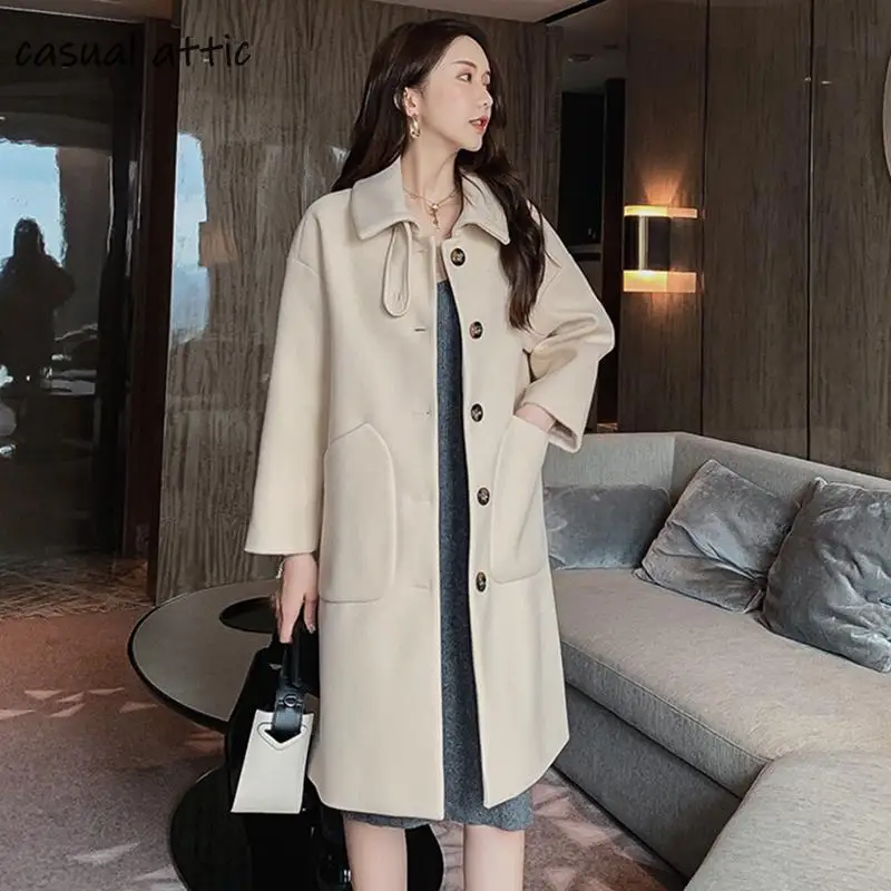 

Womens' Winter New Wool Long Coat Woolen Coat 2019 Single Breasted Turn-down Collar Long Style High Street Korean Outerwear