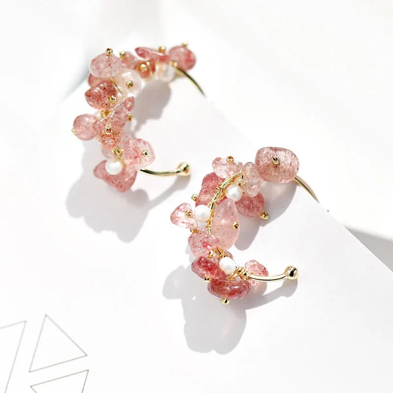 

Natural Pink Crystal Drop Earrings Women Fresh Water Pearl Dangle Earrings Jewelry Brinco