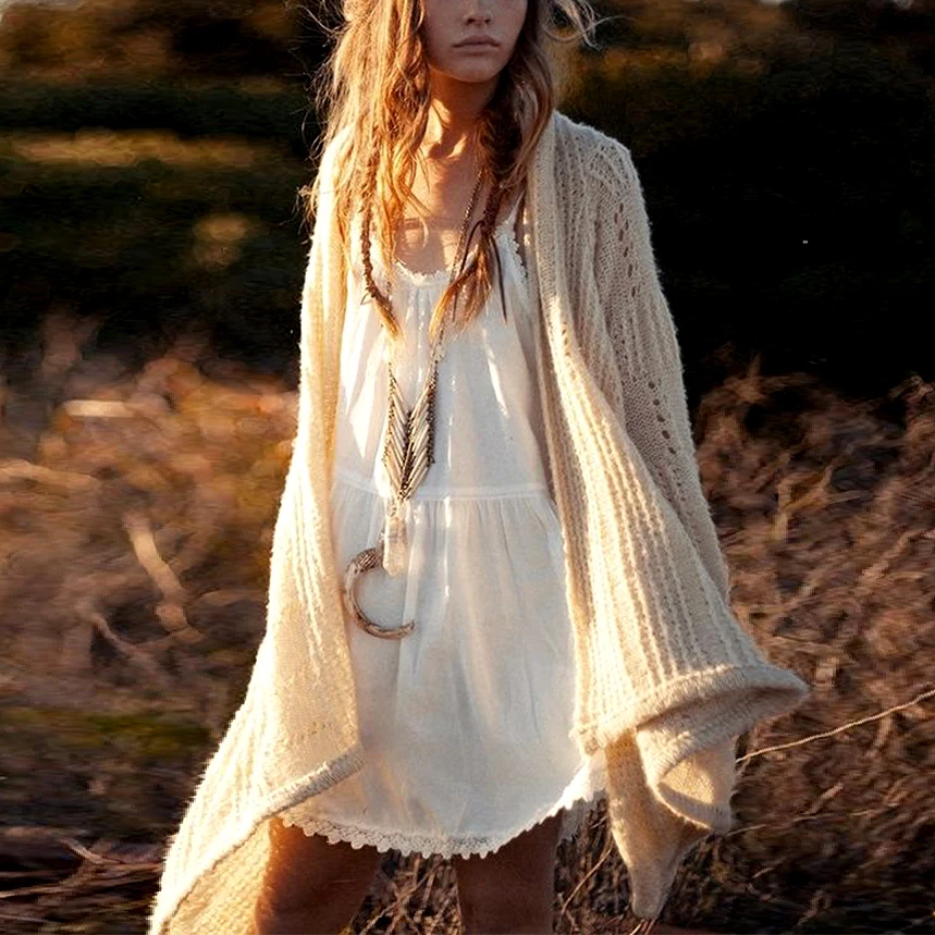 

KHALEE YOSE Boho Hollow Out Knitted Sweater Cardigans Women Autumn Loose Long Cardigans Long Sleeve Coats Female 2019 Winter