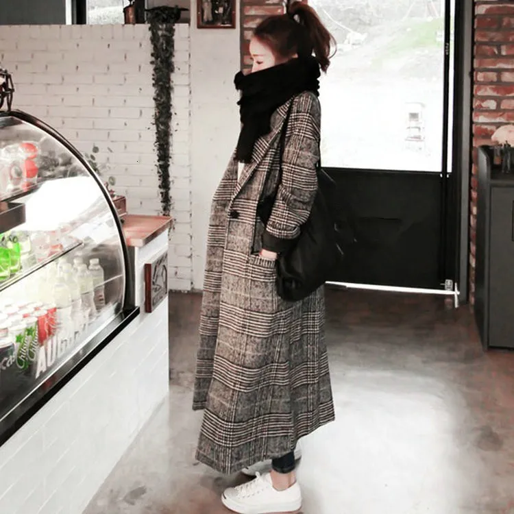 Goede Winter Herfst Elegante Vrouwen Koreaanse Kantoor Dame Lange Geruite Jas Losse Oversized Warme Wol Combineert Overjas Casual Ol Trenchcoat