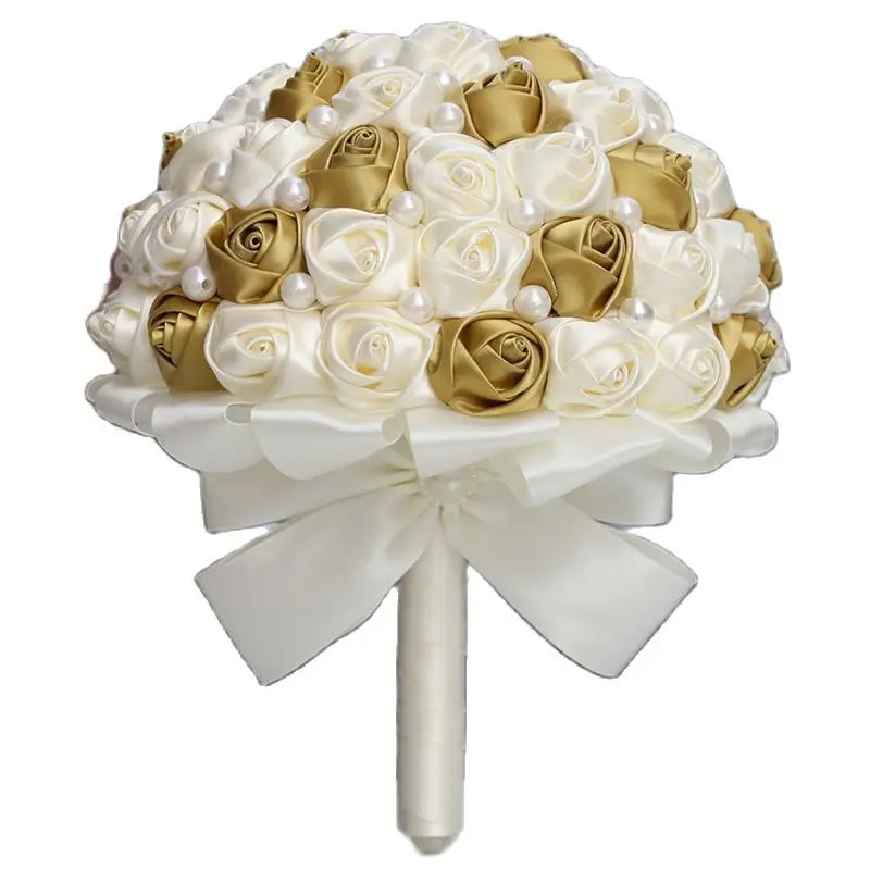 WifeLai-A 21CM Handmade Glod Ivory Satin Bridesmaid Bouquet For Mariage Simple Pearl Beaded Wedding Fowers Bridal Bouquets W322 | Свадьбы и