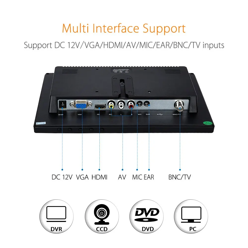 Eyoyo EM10 10 Inch IPS Small Monitor LCD Screen Computer TV Display 1280x800 With HDMI VGA BNC AV for PC CCTV Security Monitor