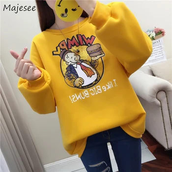 

Hoodies Women Plus Velvet Thick Winter Warm Striped O-Neck Cartoon Kawaii Printed Simple Loose 2XL All-match Womens Pullover New
