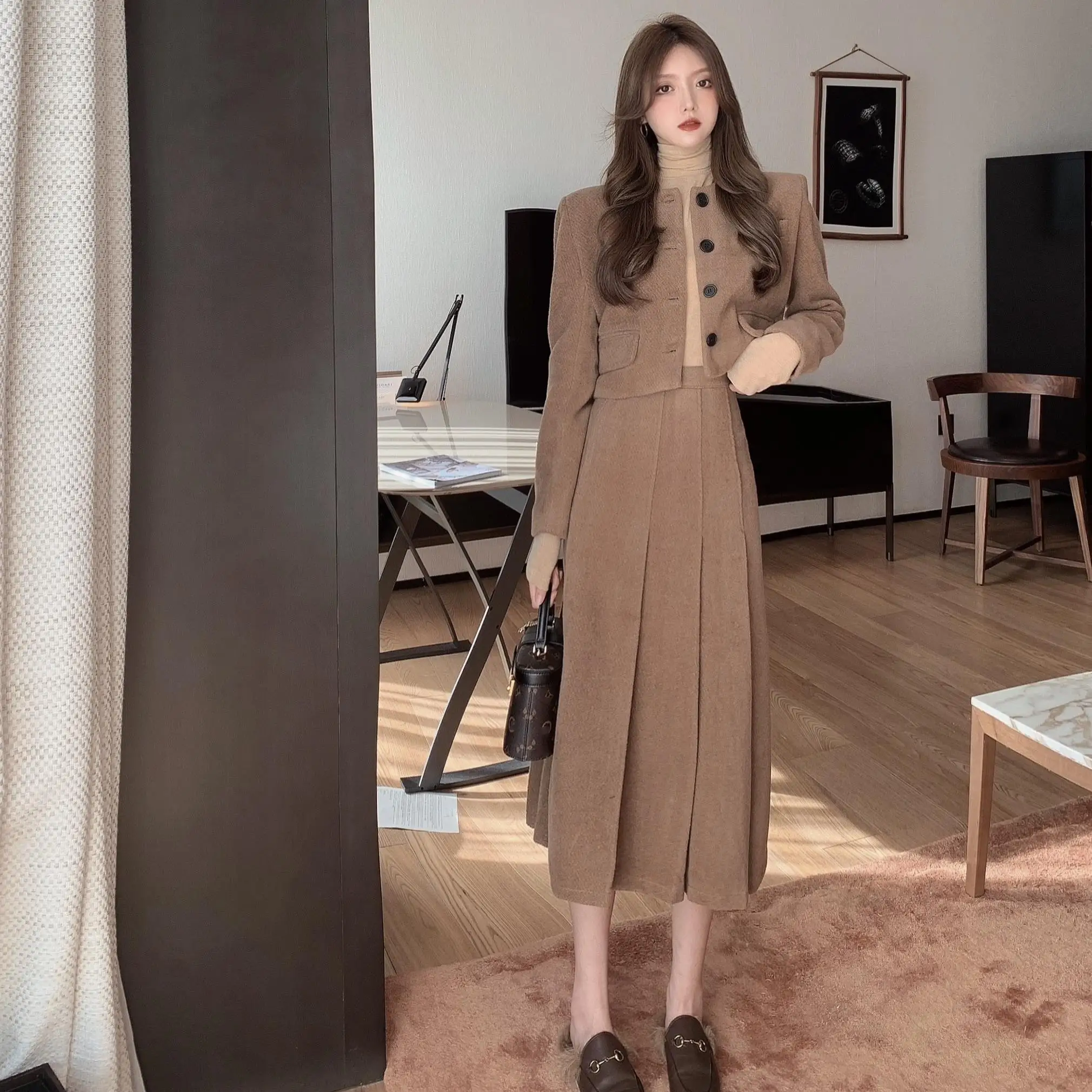 

Осенне-зимний элегантный женский костюм с юбкой винтажный пиджак шерстяная короткая юбка в складку комплект из двух предметов для женщин