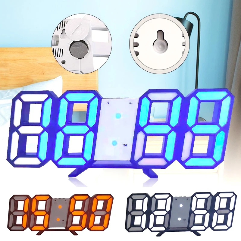  LED Clock Without Battery Large Digital Wall Desk Snooze Alarm Modern 3D 12/24 Hour Display Multi-f