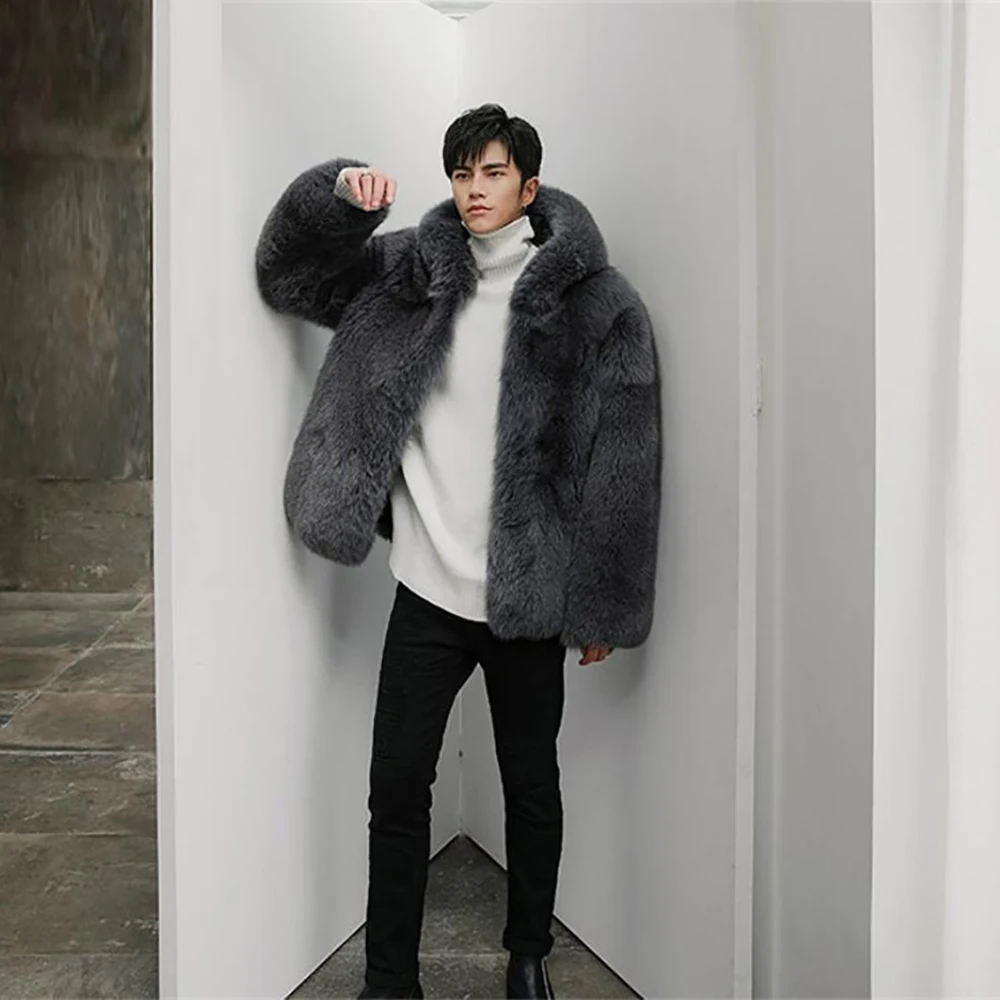 Шуба из натурального Лисьего меха с капюшоном мужская зимняя мода натуральный мех куртка натуральная цельная кожа Лисий мех пальто для мужчин верхняя одежда роскошный FM-015