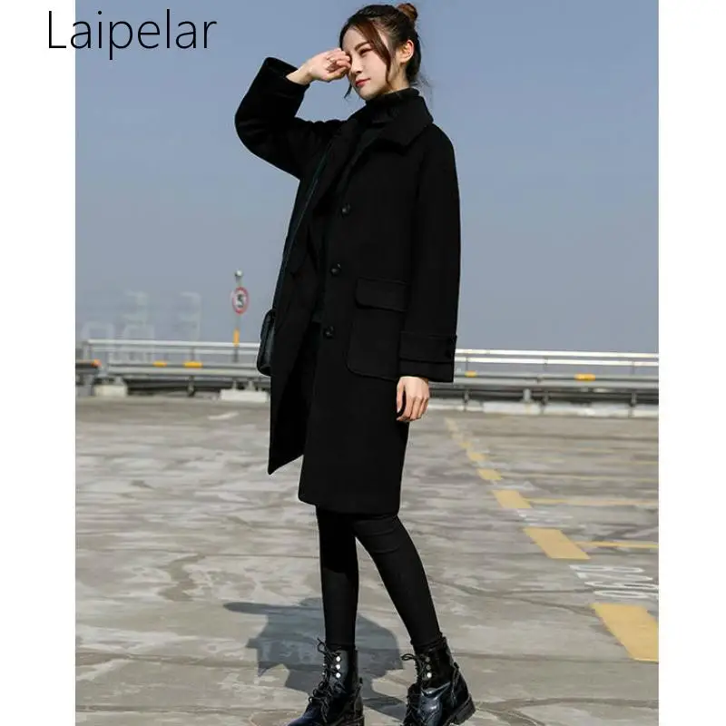 

Laipelar New 2020 Women Long Woolen Coat Female Overcoat Black White