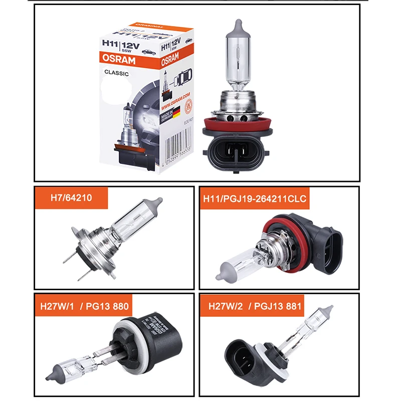 Автомобиль OSRAM лампы 55 Вт H7 галогенная H11 Противотуманные огни H27 880 881 Противотуманные фары 12V 27W Белый Atuo фар 642101 64211CLC 1 предмет