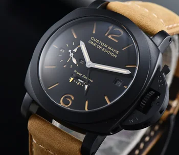 

bomax marina automatic watch military 44mm pvd black case power reserve leather strap 11-D16