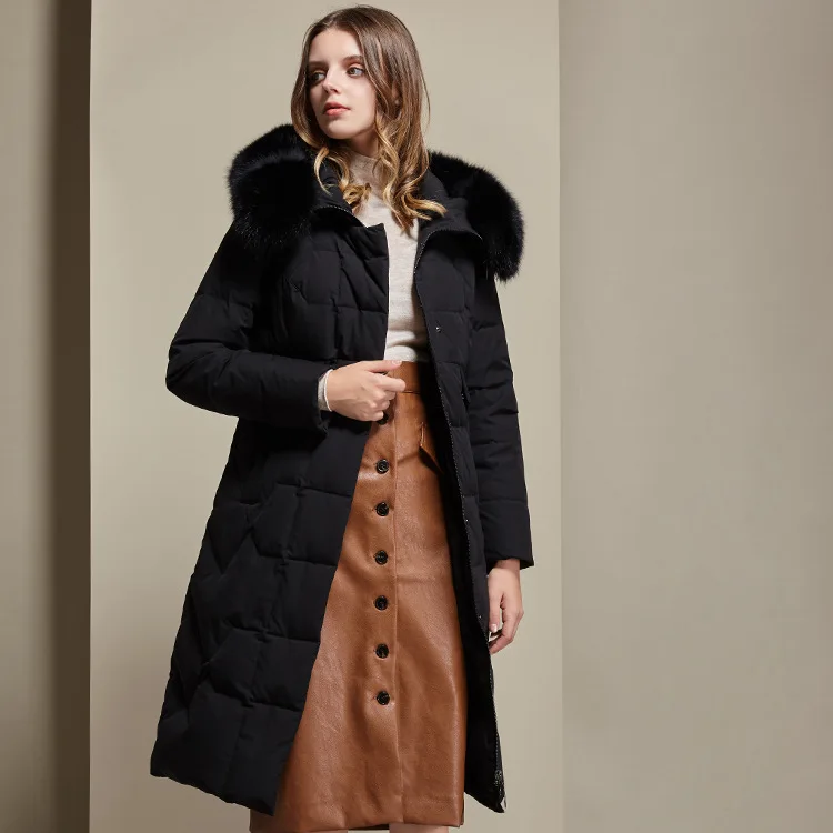 

2019 autumn and winter new solid color long-sleeved hooded down jacket fox fur collar loose casual long down jacket women