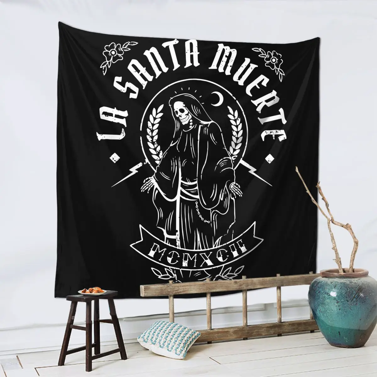 La Santa Muerte 태피스트리 히피 폴리에스터 벽걸이 해골 미적인 방 장식, 사이키델릭 멋진 벽 태피스트리