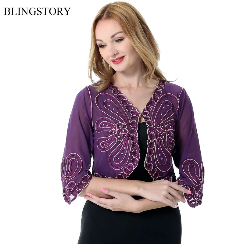 

BLINGSTORY Embroidery Flower Small Shawl Short Summer Thin Coat Female Cardigan Crystal Beading Long Sleeve Jackets Autumn