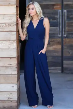 

2019 New Summer Autumn Casual Loose Jumpsuit Romper V Neck Sleeveless Wide Leg One Piece Jumpsuit Playsuit