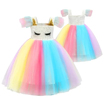 

Rainbow Unicorn Girls Dress Summer Casual Cartoon Cute Mesh Princess Dresses For Halloween Festival Party Costume Baby Dresses