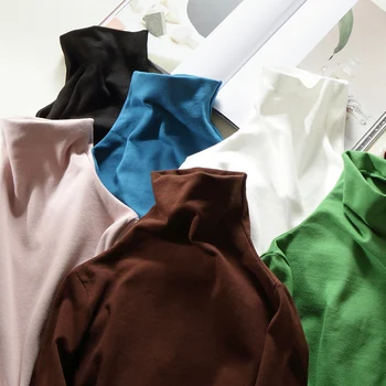 

Pure Cotton High Collar Base Shirt Women's Underwear Heap Collar Brushed plus Velvet Slim Fit Long-sleeved T-shirt 7889