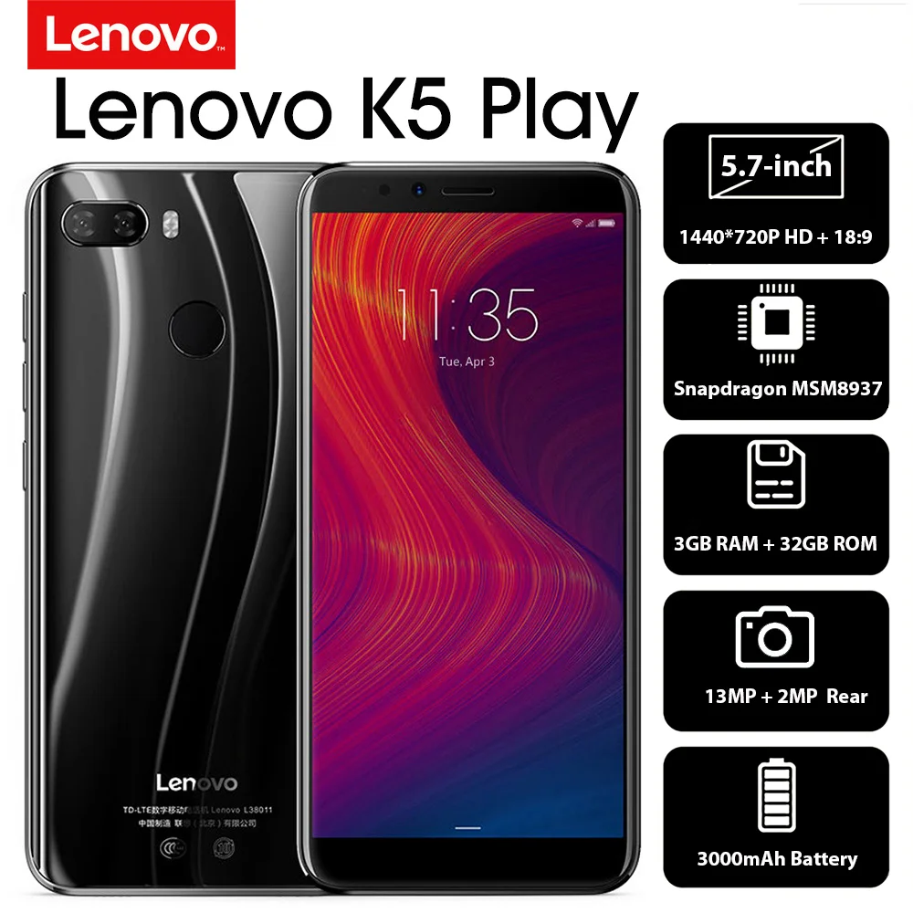 Lenovo K5 играть, 3 Гб оперативной памяти, 32 Гб встроенной памяти, Face ID 4G мобильный телефон 5,7 дюймов Восьмиядерный процессор Snapdragon сзади Камера 13MP+ 2MP Фронтальная камера 8MP смартфон