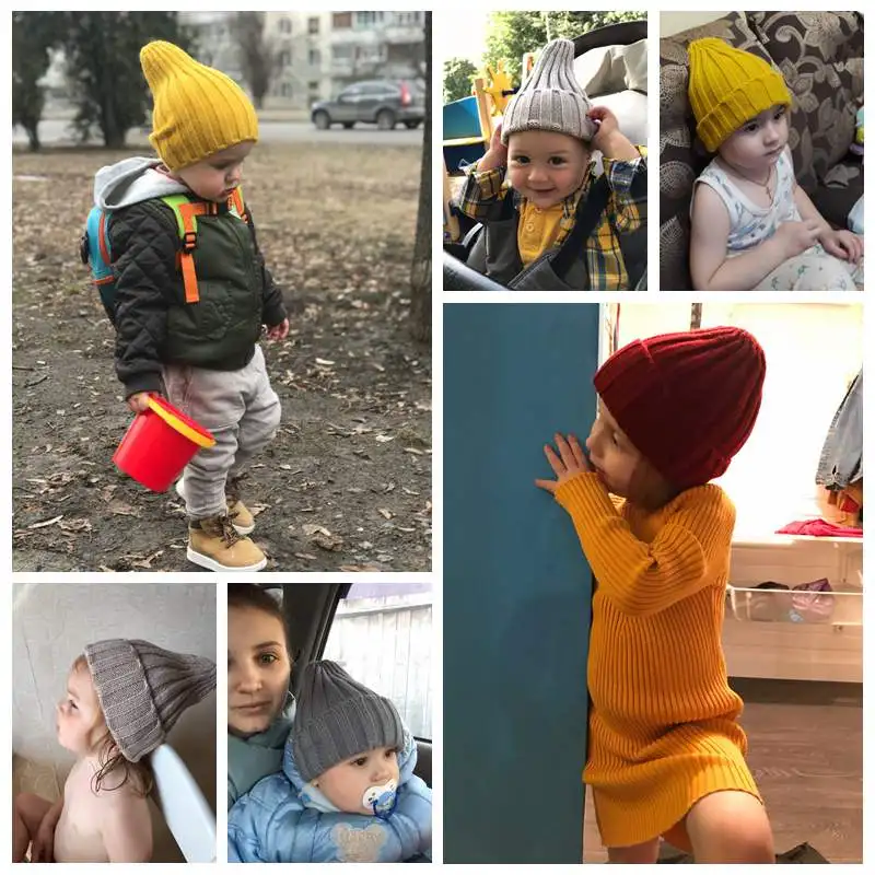 Осенне-зимняя детская шапка карамельного цвета для девочек и мальчиков, вязаные Остроконечные шапки, мягкая теплая шерстяная круглая шапочка
