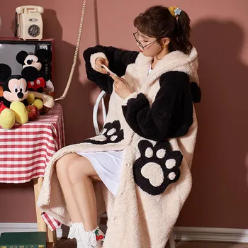 

Lovely winter pajamas woman flannel panda pattern home warm bathrobe dressing gowns for women robe female long PHOENTIN FG236